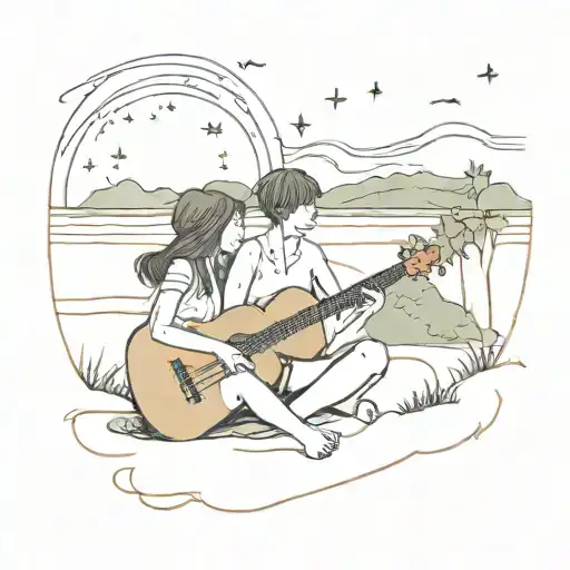 Lovely Couple At Night Sky Beach Scene And She Playing Ukulele
