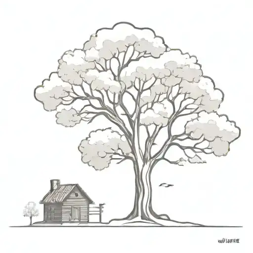 Big Oak Tree With Wooden Cabin In Front