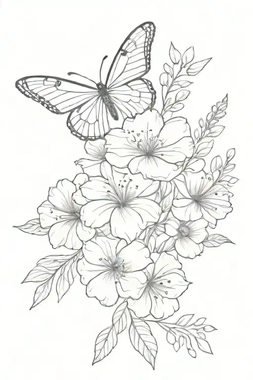 Birth Flower Bouquet Fine Line With Butterfly Flying
