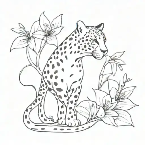 Full Body Cheetah With Tiger Lily Flower Intertwined