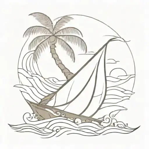 A Minimalist Outline Of An Outrigger Canoe With Ocean Waves Underneath