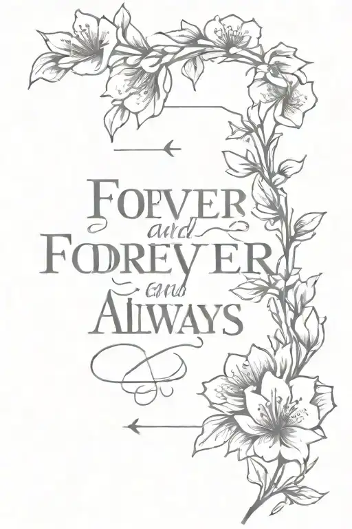Spine Tatto With Quote 'Forever And Always' Featuring Flowers And Sagittarius