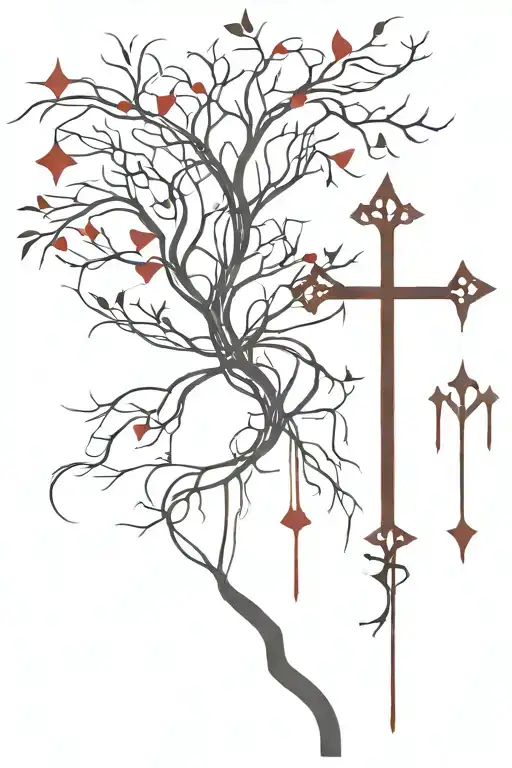 Many Lines Gothic Poison Tree With Flowing Red Blood And Cross Made Of Many Curved Lines