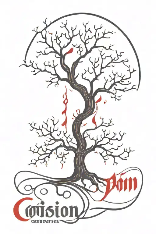 Many Lines Gothic Poison Tree With Flowing Red Blood And Japanese Words Made Of Many Curved Lines