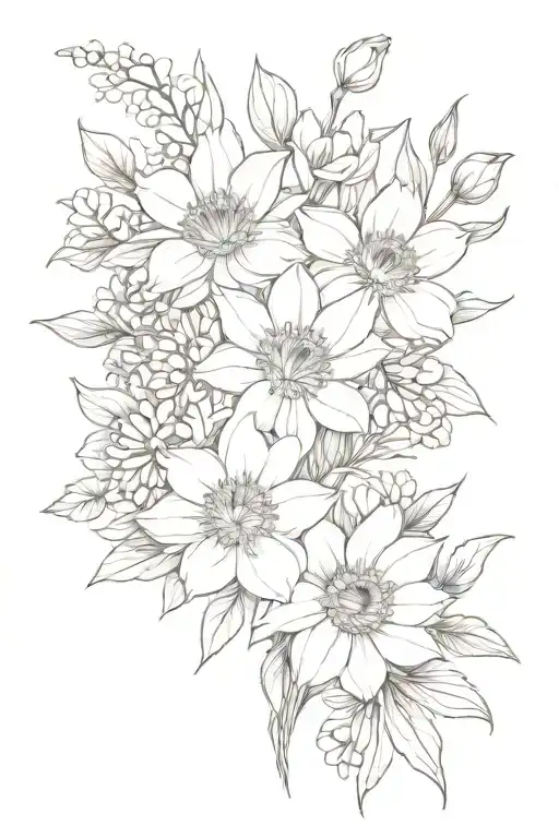 Flower Bouquet Including Daffodils Daisy Chrysanthemum Violets Asters Tied Together