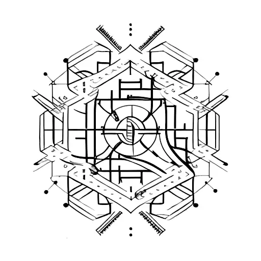 A Minimalist Tattoo Of An Engineering Blueprint Merged With A Martial Arts Symbol