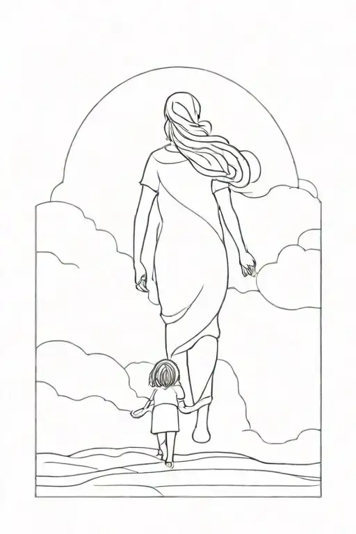 Shadowy Figure Holding Hand With A Child And Walking Together Towards A Heaven