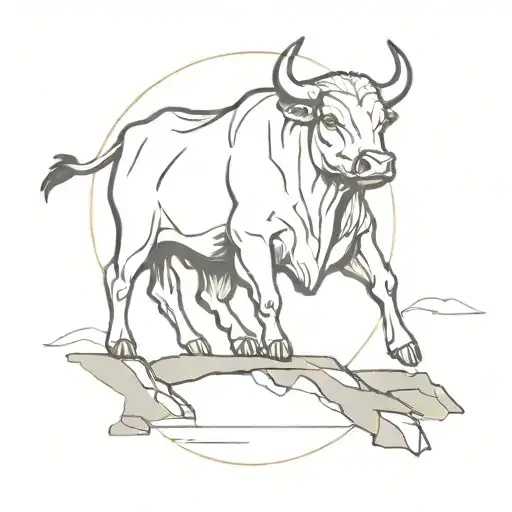 Bull Against The Backdrop Of Sunset And Rocks Surrounded