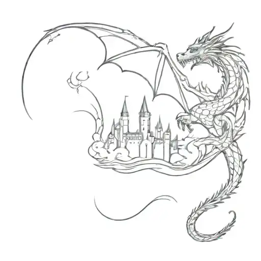 Dragon And Castle With Magical Elements