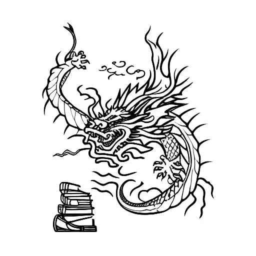 Not A Chinese Dragon Climbing Through A Variety Of Flowers And Books