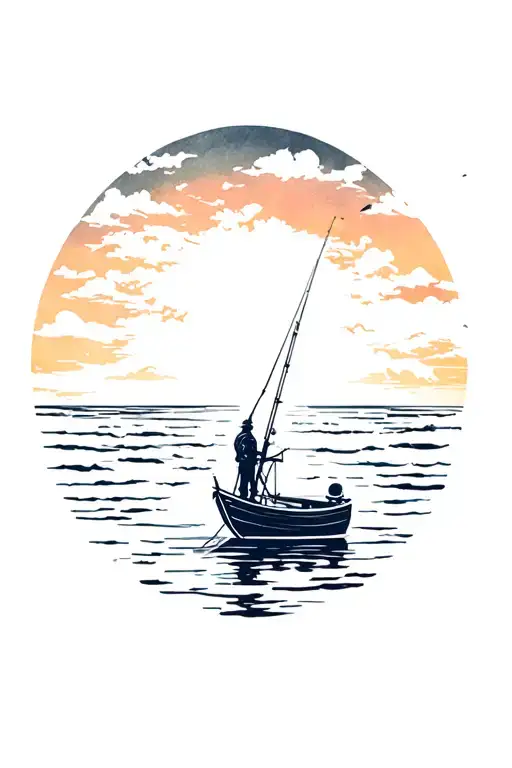 Fishing On A Boat In The Ocean With A Sunset Sky