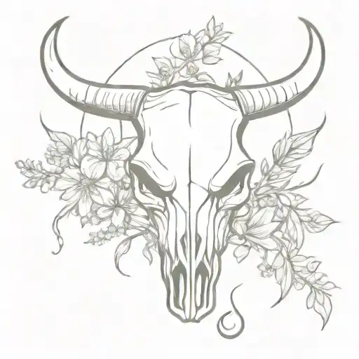 Bull Horn Skull Surrounded By Wildflowers Growing