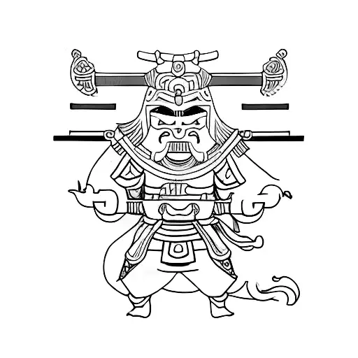 A Minimalist Depiction Of A Samurai Warrior With A Foo Dog Companion