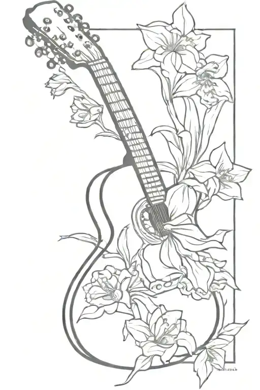 Guitar Surrounded By Daffodil Flowers