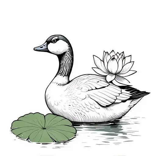 Goose On A Lily Pad Looking Up At A Lotus Flower