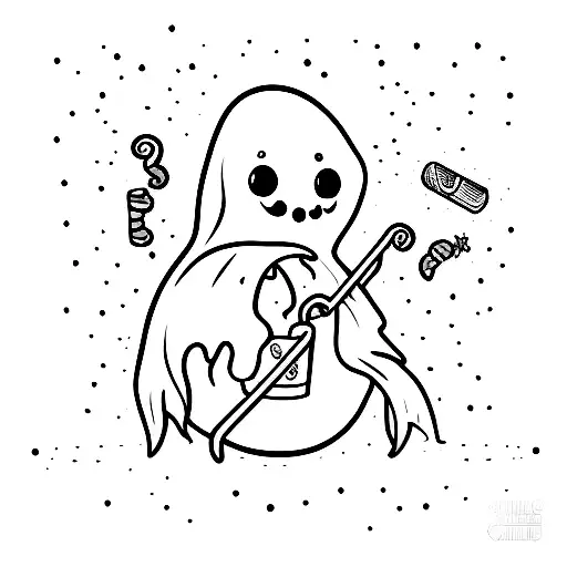 Line Art Happy Cute Ghost Holding A Slushy
