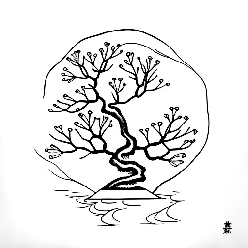 A Minimalist Tattoo Of A Bonsai Tree Surrounded By Water And Flowers