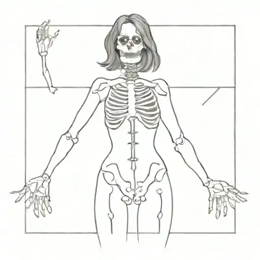 Female Skeleton Takes Off Her Shirt Raising Her Arms Up