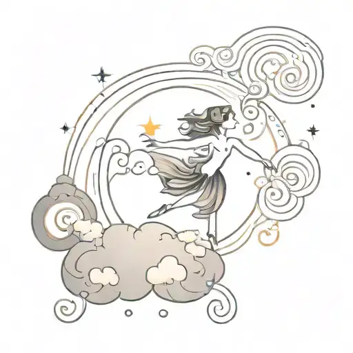 Whimsical Fairys Dancing On A Cloud Below The Sun With Lots Of Swirls