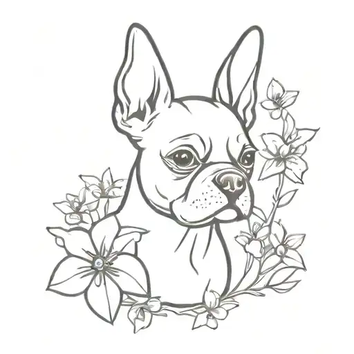 Boston Terrier Ears No Body Little Lines & Honeysuckle Flowers