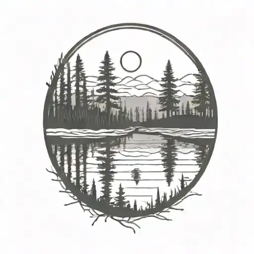 Redwood Forest Behind A Pond With A Fully Visible Shining Sun