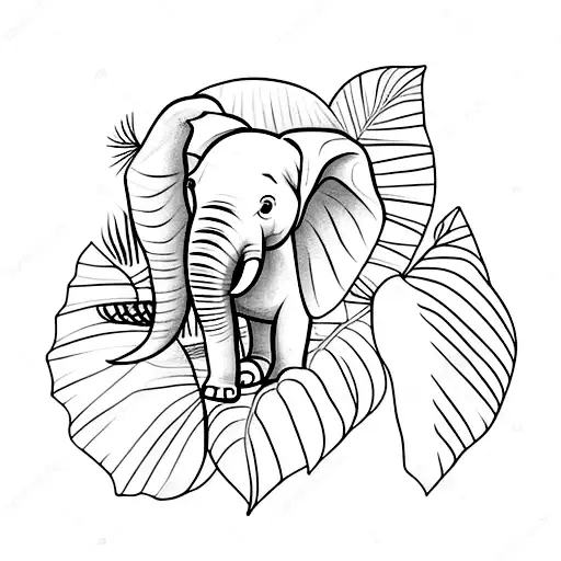 Tattoo Of An Elephant Surrounded By Monstera Leaves
