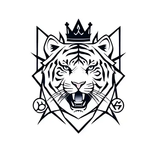 A Geometric Design Featuring A White Tiger And A Dark Crown Intertwined With Power Symbols