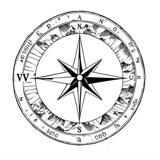 A Compass Rose With Detailed Mountains Around It As A