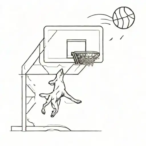 A Minimalist Basketball Hoop With A Dog Jumping Through It