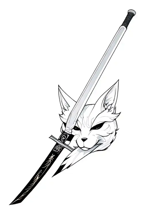 A Cyber Siglism With A Japanse Katana Cutting A Kitsune Mask In Half