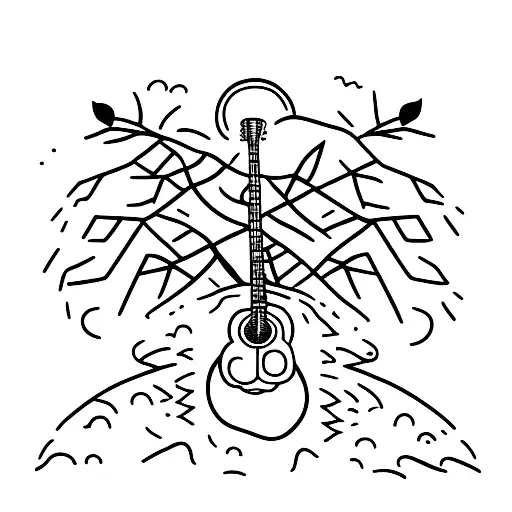 A Minimalist Tattoo Of A Guitar With A Forest Background