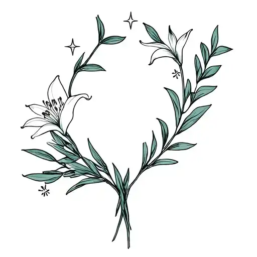 Juniper Sprig And Lily Flower Bundle With Stars Forming The Shape