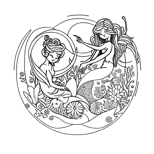 A Fairy And A Mermaid In A Circle With Flowers And Seashells