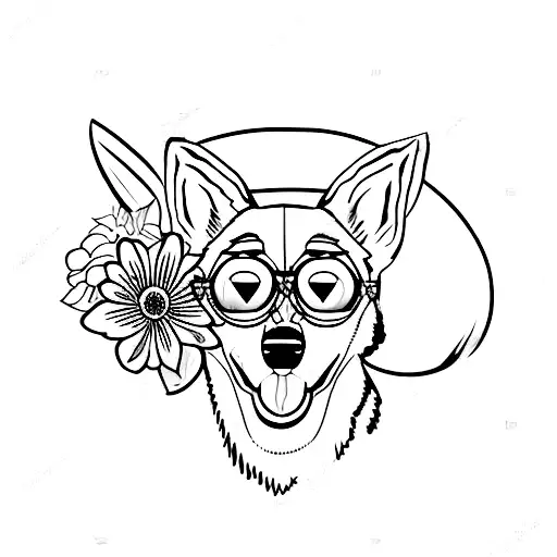 German Shepherd Dog With Flower Shirt And Sunglasses On Sunset Background