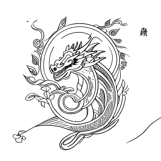 Traditional Feminine Dragon With Flowers In An Invisible Border Shaped Like A Vertical Rectangle