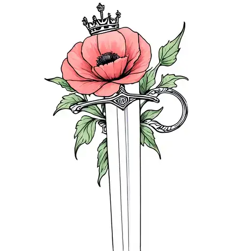 Fine Line Feminine Sword Wrapped With A Poppy Topped With A Crown