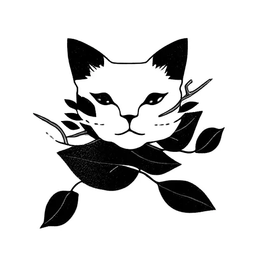 Sakura Branch With Emerald Leaves And A White Cat With Blue And Gold Eyes