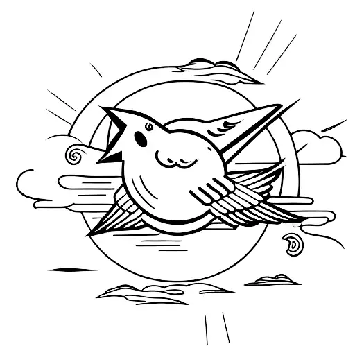 Bird Face Down Flying Vertically To A Sun Hiding In Clouds At The Top