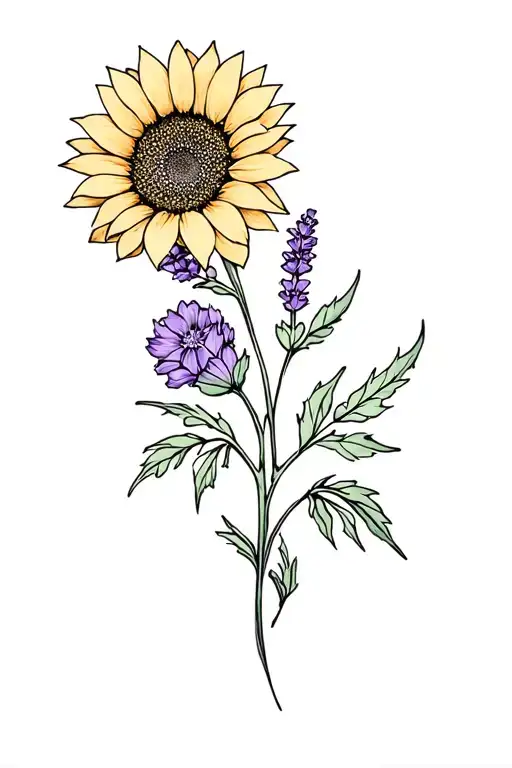Sunflower And Lavender Flowers Intertwined