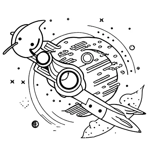 A Blackwork Tattoo Of A Dinosaur Spaceship Exploring Distant Galaxies