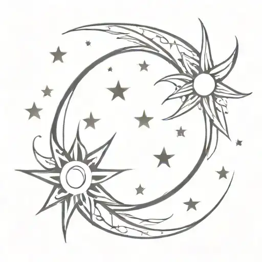 Sun Moon And Stars Diagonal Hip Tattoo Design