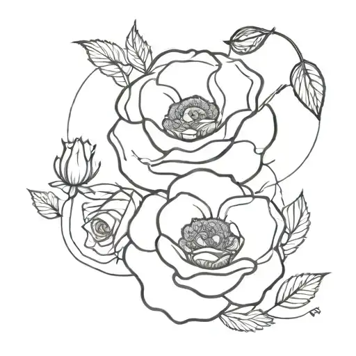 A Rose And A Poppy Flower With Leaves And Swirling Lines Surrounding Them