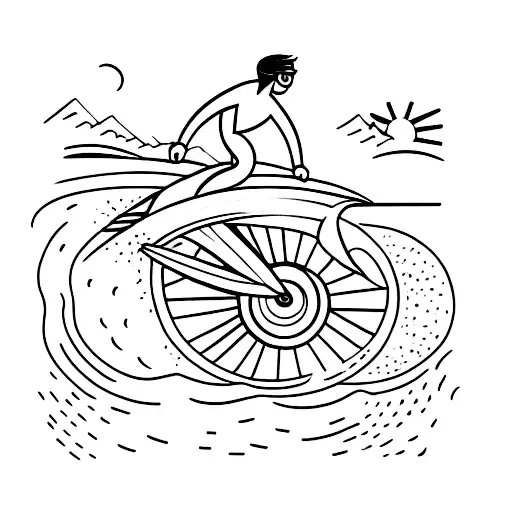 A Minimalist Tattoo Of A Surfer Riding A Wave With A Bicycle In The Background