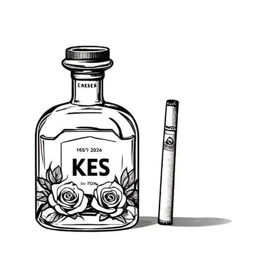 Whiskey Bottle And Cigarettes With Roses And The Initials Kes In The Bottle And Date 1967-2024