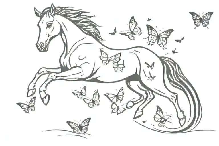 Horse Running With Butterflies And A Cat Running