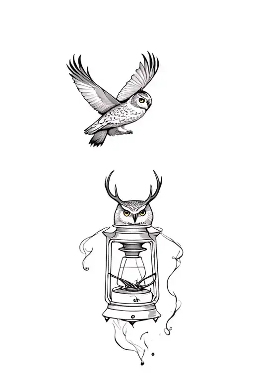Great Horned Owl With Antlers Flying Over A Smokey Lit Lantern