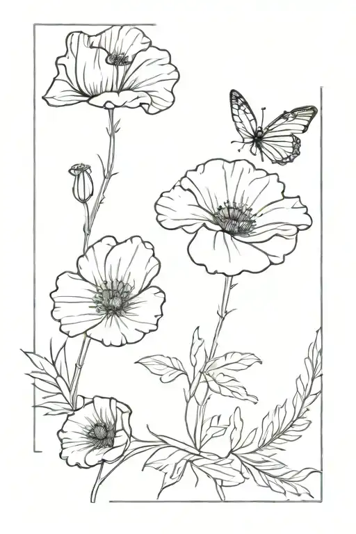 Floral Spine Tatto With Poppy Flower And Butterfly