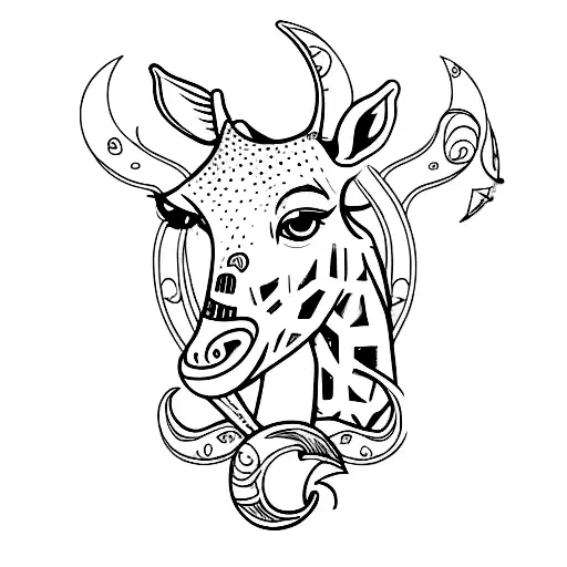 A Minimalist Tattoo Of A Giraffe Playing A Guitar Under A Crescent Moon