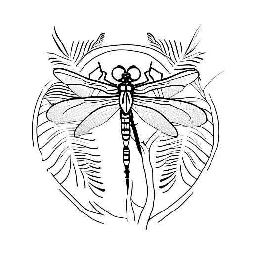A Minimalist Tattoo Of A Dragonfly Perched On A Leafy Branch Near A Tranquil Pond