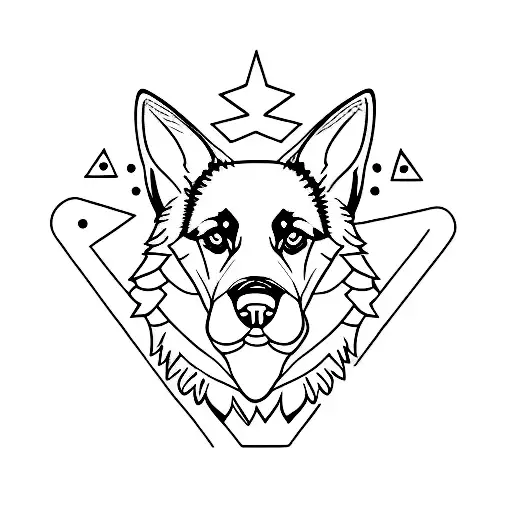 A Minimalist Tattoo Of A German Shepherd Dog Surrounded By Various Animals In A Forest Setting